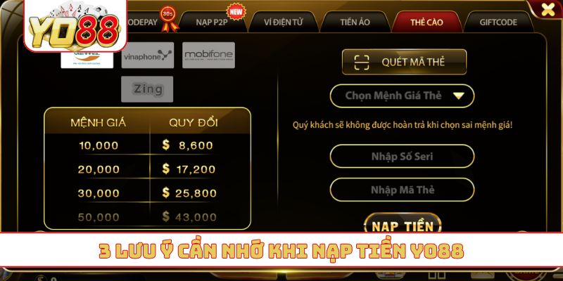 3 lưu ý cần nhớ khi nạp tiền YO88
